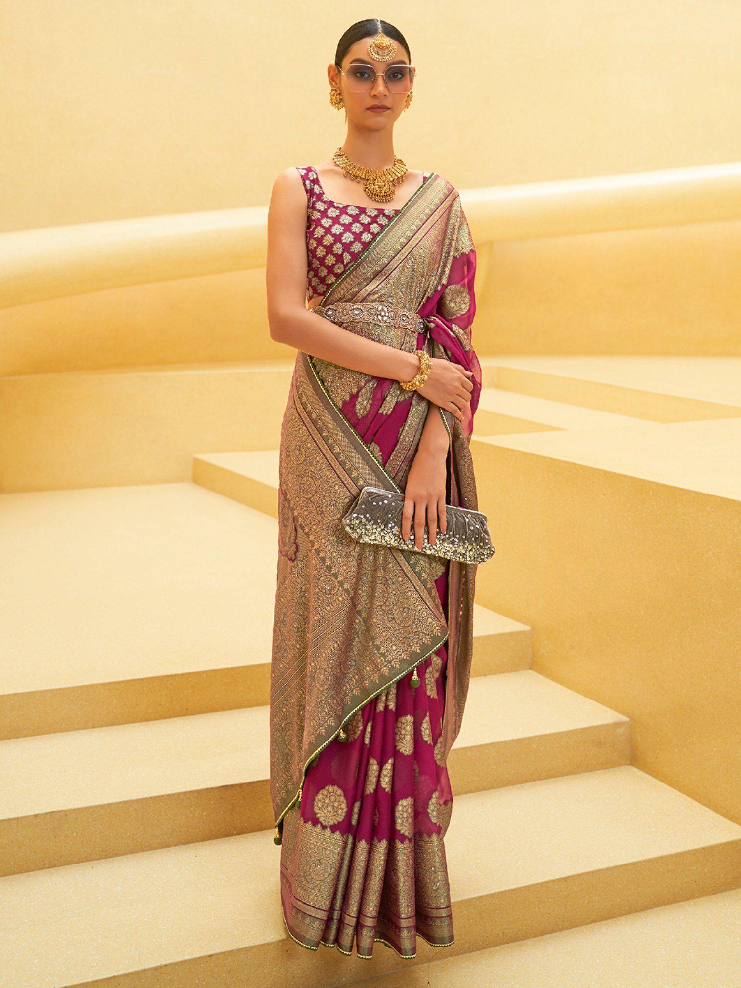 women organza pink woven design designer saree with unstitched blouse piece