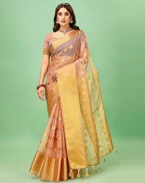 women organza saree with floral woven motifs