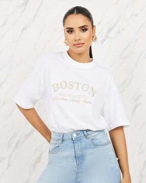 women oversized boston slogan embroidery round neck longline t-shirt