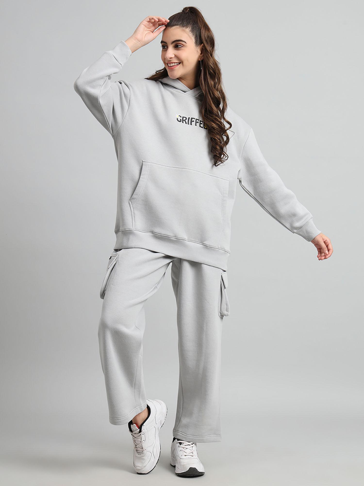 women oversized fit chill vibe print cotton steel grey hoodie & trackpants (set of 2)