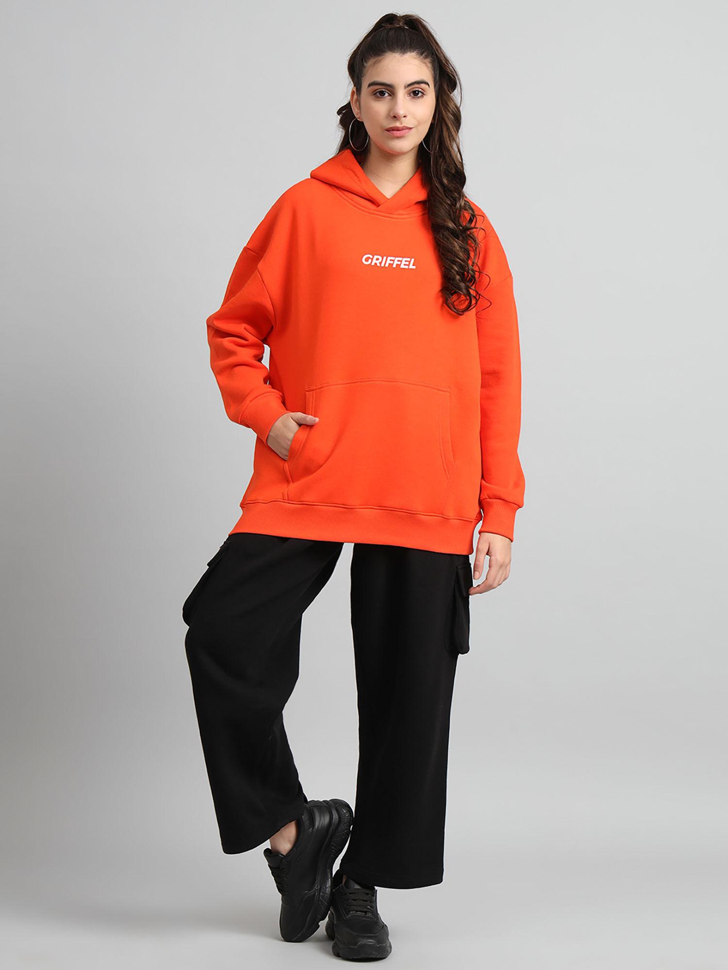 women oversized fit front logo cotton fleece orange hoodie and trackpants (set of 2)