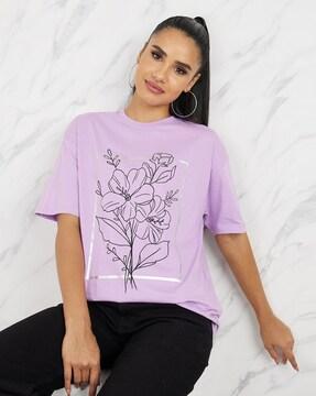 women oversized floral foil print longline t-shirt