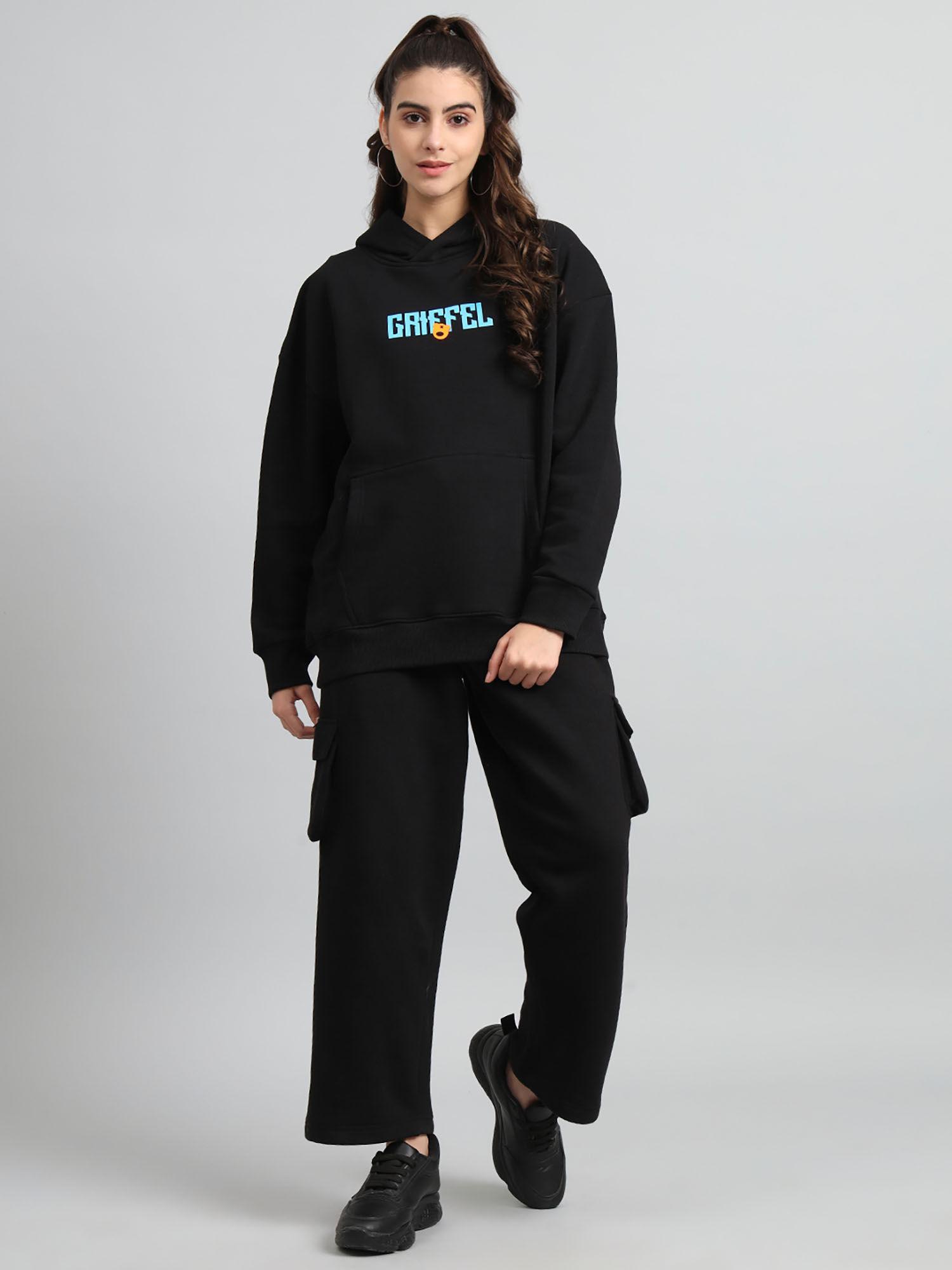 women oversized new era print front logo cotton black hoodie & trackpant (set of 2)