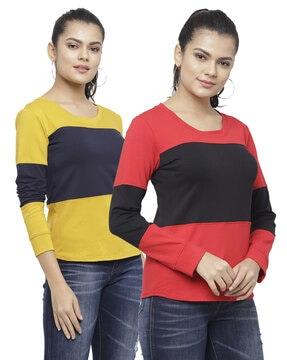 women pack of 2 colourblock regular fit round-neck t-shirts
