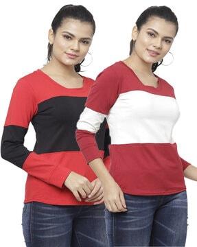 women pack of 2 colourblock regular fit round-neck t-shirts