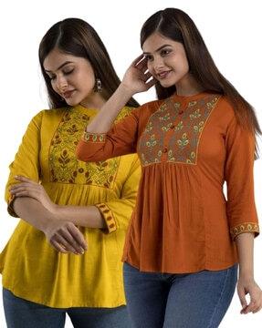 women pack of 2 embroidered regular fit tunics with bracelet sleeves