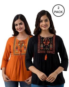 women pack of 2 embroidered regular fit tunics with bracelet sleeves