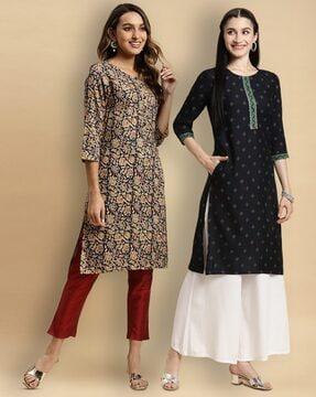 women pack of 2 floral print straight kurtas