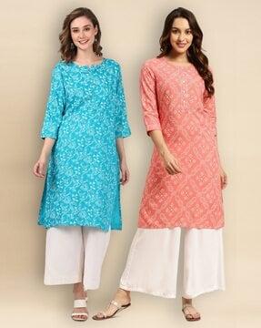 women pack of 2 floral print straight kurtas