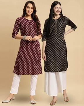 women pack of 2 floral print straight kurtas