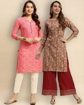 women pack of 2 floral print straight kurtas