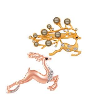 women pack of 2 gold & rose gold-plated deer brooches