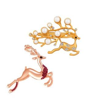 women pack of 2 gold & rose gold-plated deer brooches