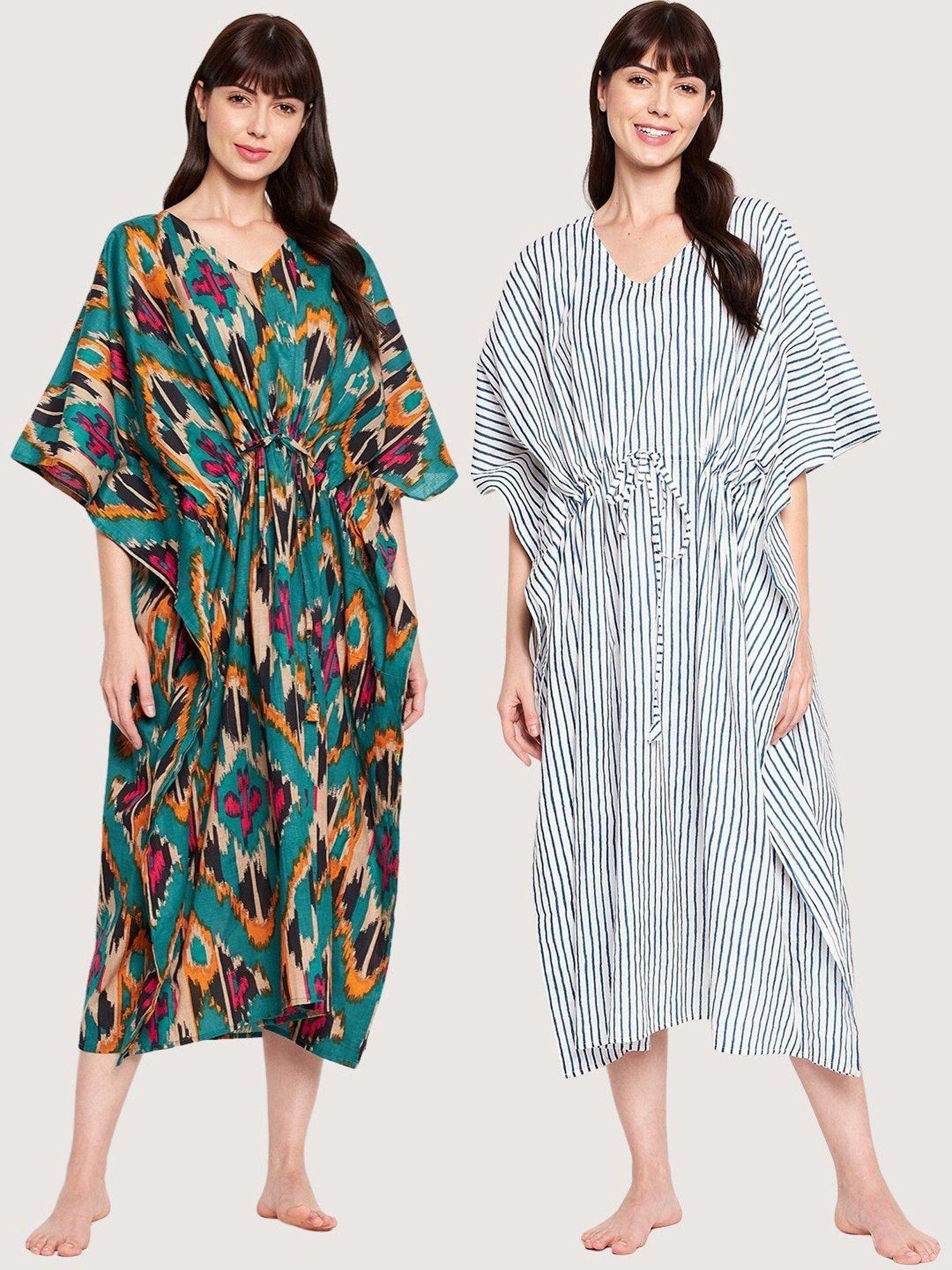 women pack of 2 printed cotton kaftan cover up dress - multi-color