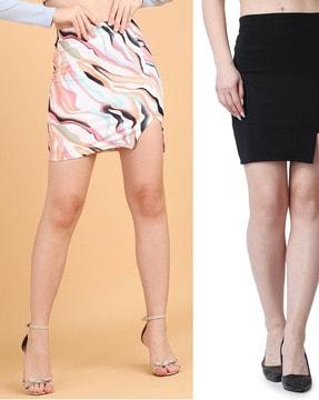 women pack of 2 printed pencil skirts with elasticated waistband