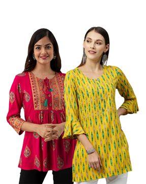 women pack of 2 printed regular fit tunics with bracelet sleeves
