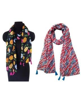 women pack of 2 printed scarf with tassels