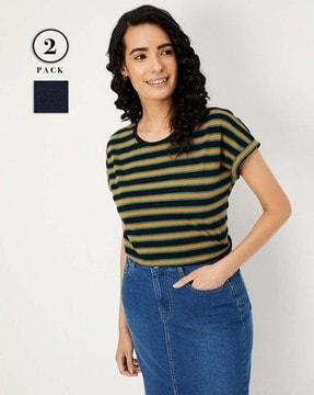 women pack of 2 striped regular fit t-shirt with short sleeves