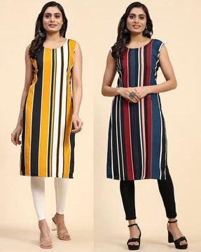 women pack of 2 striped straight kurtis