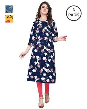 women pack of 3 floral print straight kurtas