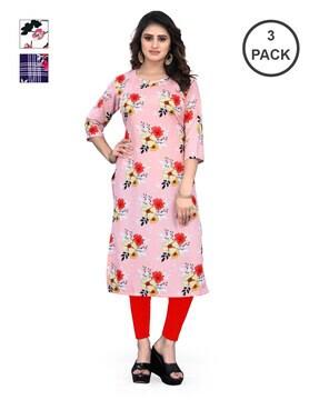 women pack of 3 floral print straight kurtas