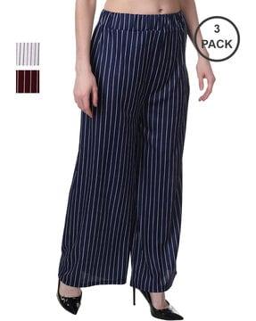women pack of 3 striped relaxed fit flat-front palazzos