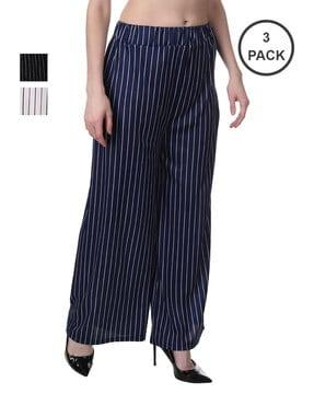 women pack of 3 striped relaxed fit flat-front palazzos