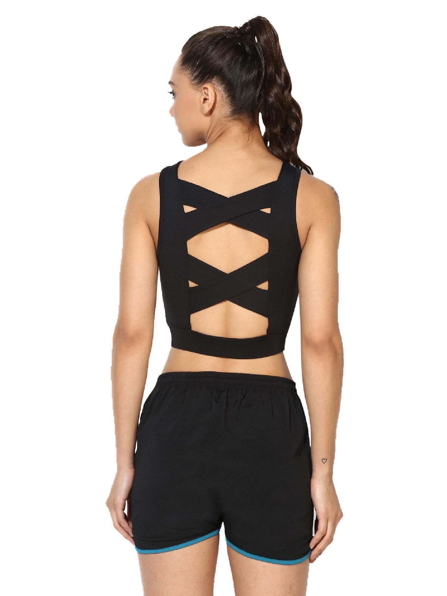 women padded cross back crop top - black