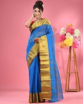 women paisley pattern pure cotton tant saree with zari border