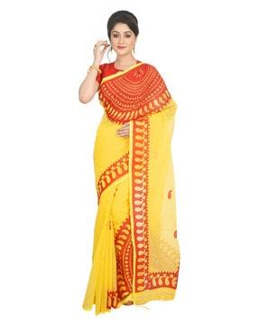 women paisley print cotton saree with tassels