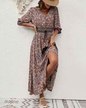 women paisley print fit & flare dress with side-slit