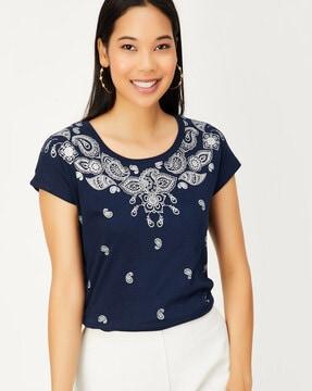 women paisley print regular fit crew-neck t-shirt