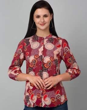women paisley print regular fit tunic with band collar