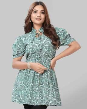 women paisley print regular fit tunic with tie-up neck