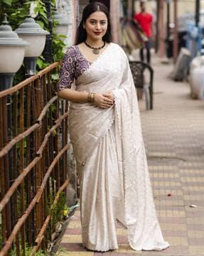 women paisley print saree with cut-work border