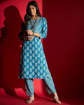 women paisley print straight kurta & pants set