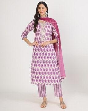 women paisley print straight kurta pants set with dupatta