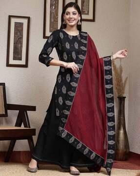 women paisley print straight kurta with palazzos & dupatta