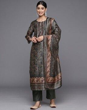 women paisley print straight kurta with pants & dupatta