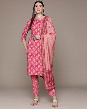 women paisley print straight kurta with pants & dupatta