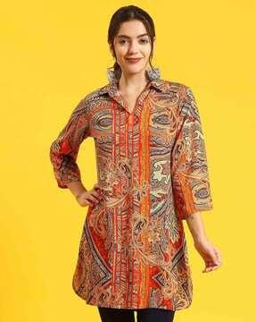 women paisley print straight tunic with bracelet sleeves