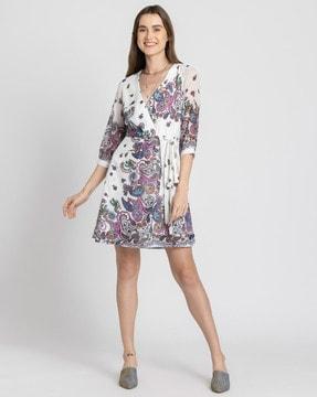 women paisley print wrap dress