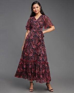 women paisley print wrap dress