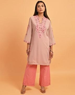 women paisley straight kurta with mandarin collar