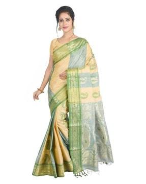 women paisley woven cotton saree with tassels