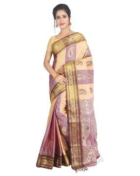 women paisley woven cotton saree with tassels