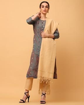 women paisley woven straight kurta set with dupatta