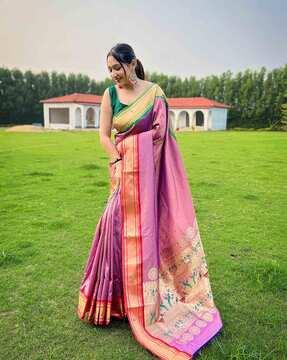 women paithani woven saree with contrast border