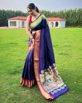women paithani woven saree with unstitched blouse piece