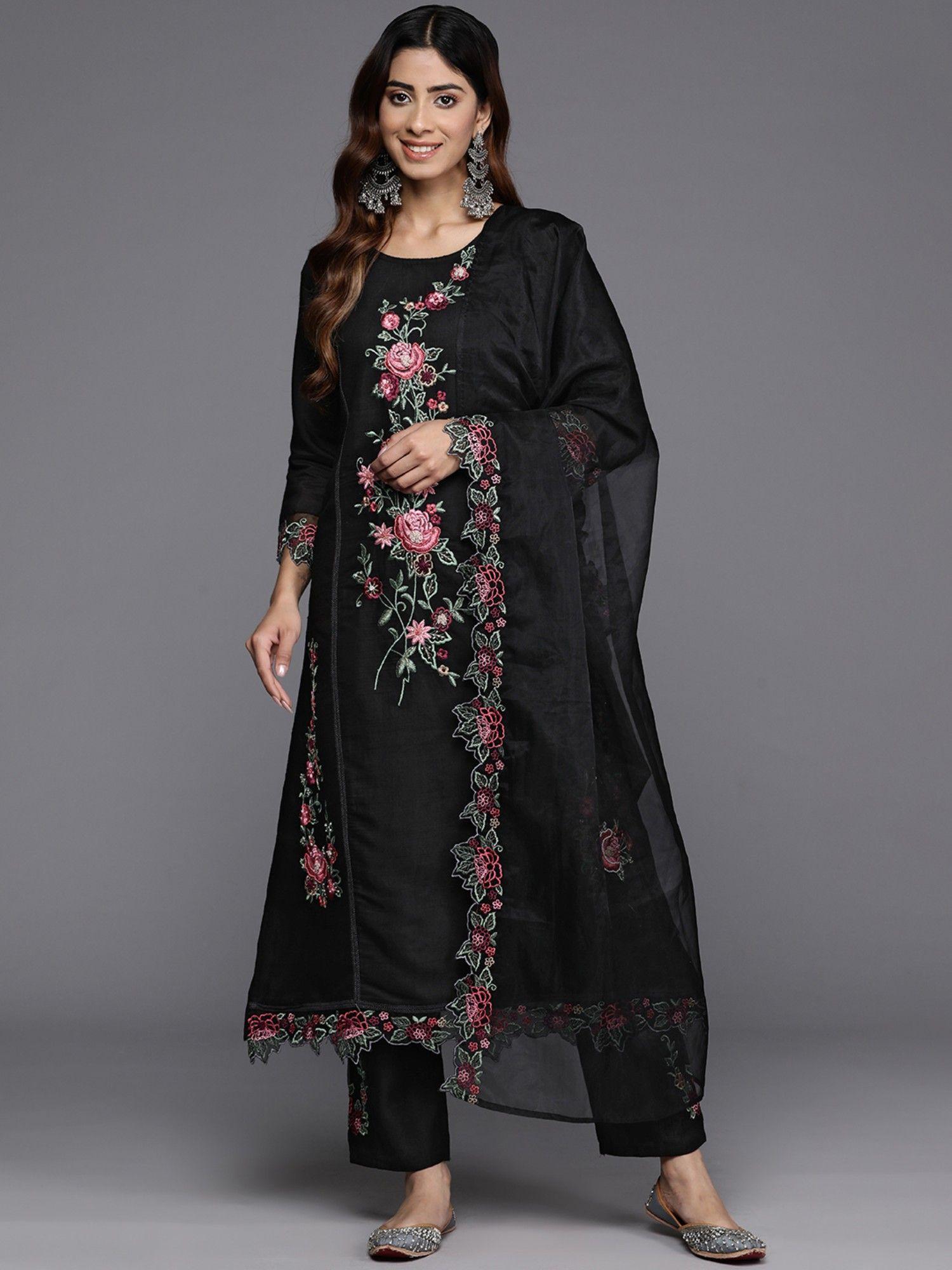 women pakistani embroidered black kurta with pant & dupatta (set of 3)